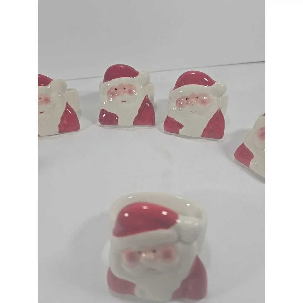 8 Vintage Santa Claus Ceramic 80's Christmas Table Napkin Rings/Holders